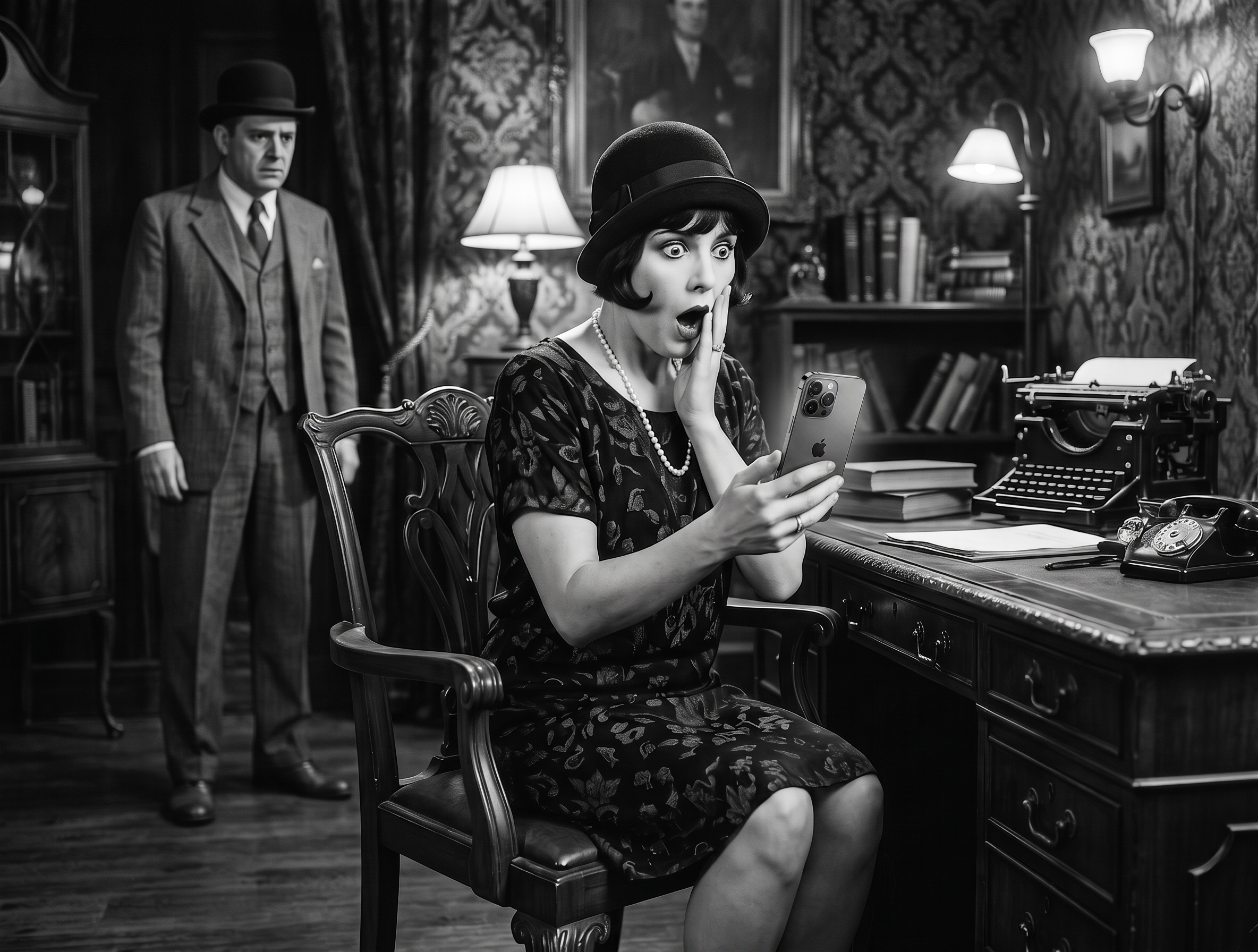 1920s woman shocked by a smartphone